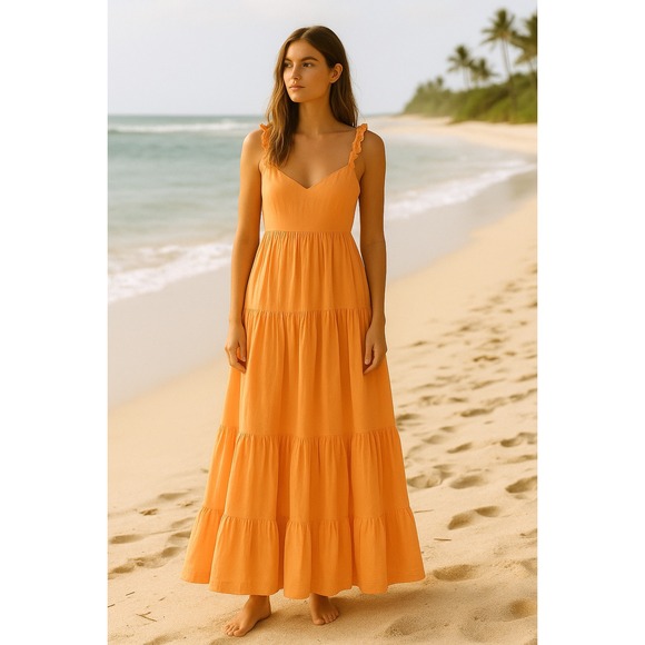 Free People 100% Cotton Peach Orange Maxi Ruffle Dress LARGE Tie Back L Beachy - Picture 1 of 10